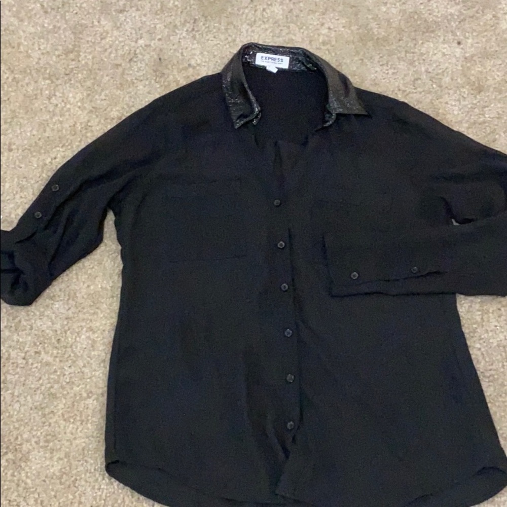 Sheer button up shirt with patent leather collar.